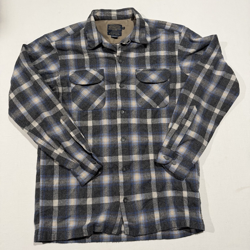 Pendleton The Original Board Shirt Mens Tall M Wool Plaid Loop Collar Gray Blue
